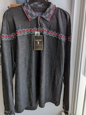 NWT Azaro Uomo Men's 3XL Slim Fit Long Sleeve Polo Shirt Black Geometric Knit